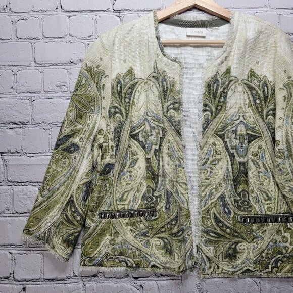 Chico's Embellished Heritage Tweed Jacket Green Frayed Trim Accent Size ? - Picture 2 of 14